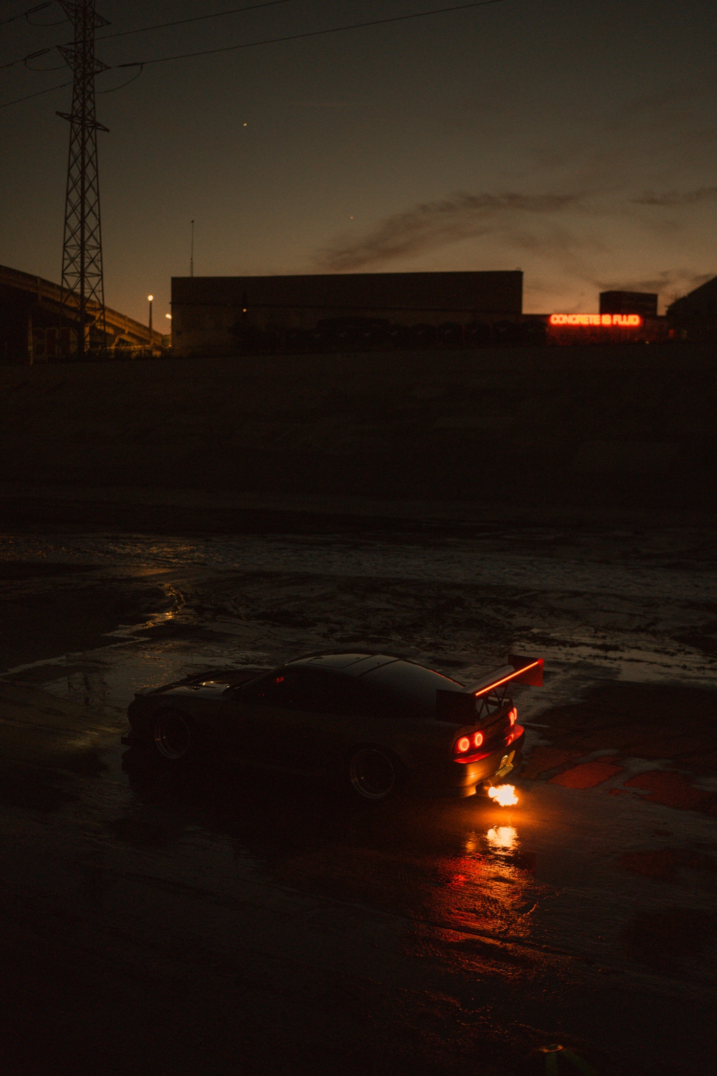 Night drift shot with exhaust flame